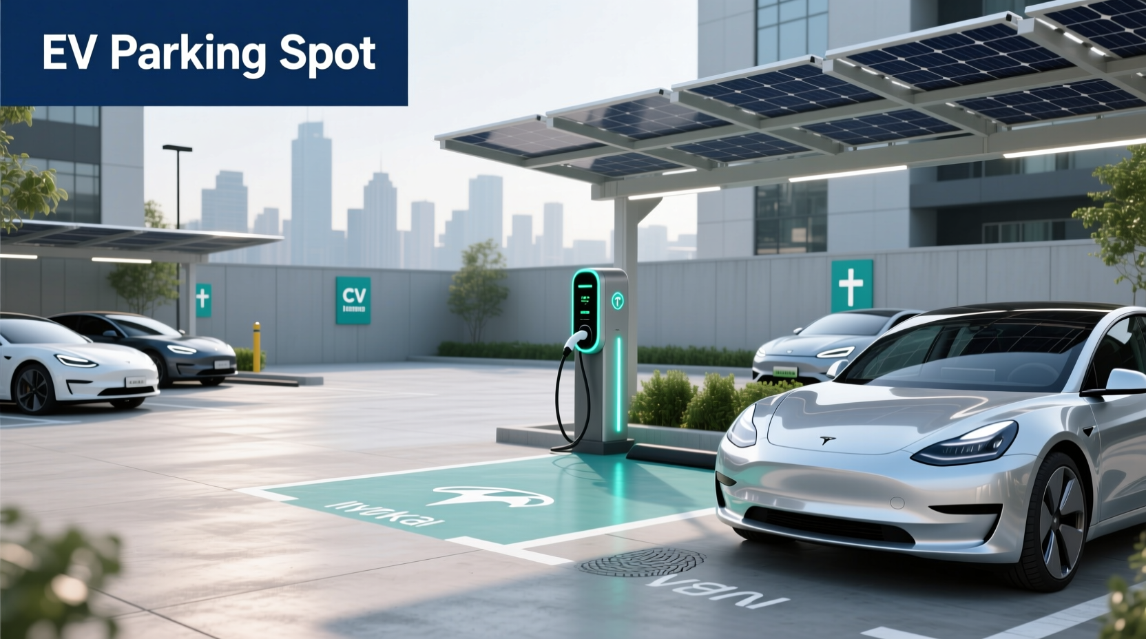 Electric vehicles parked and charging under solar canopies in an office parking lot on a clear day, showing real workplace EV charging options