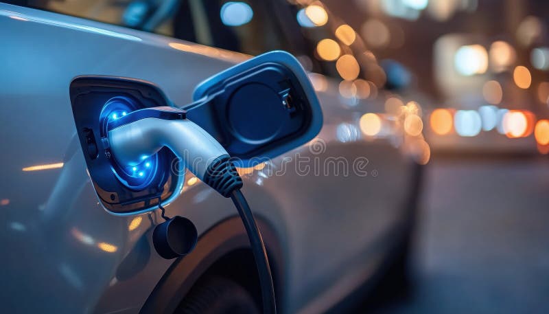 Close-up of an EV charging cable plugged in at night, highlighting the modern technology behind electric vehicles and affordable financing