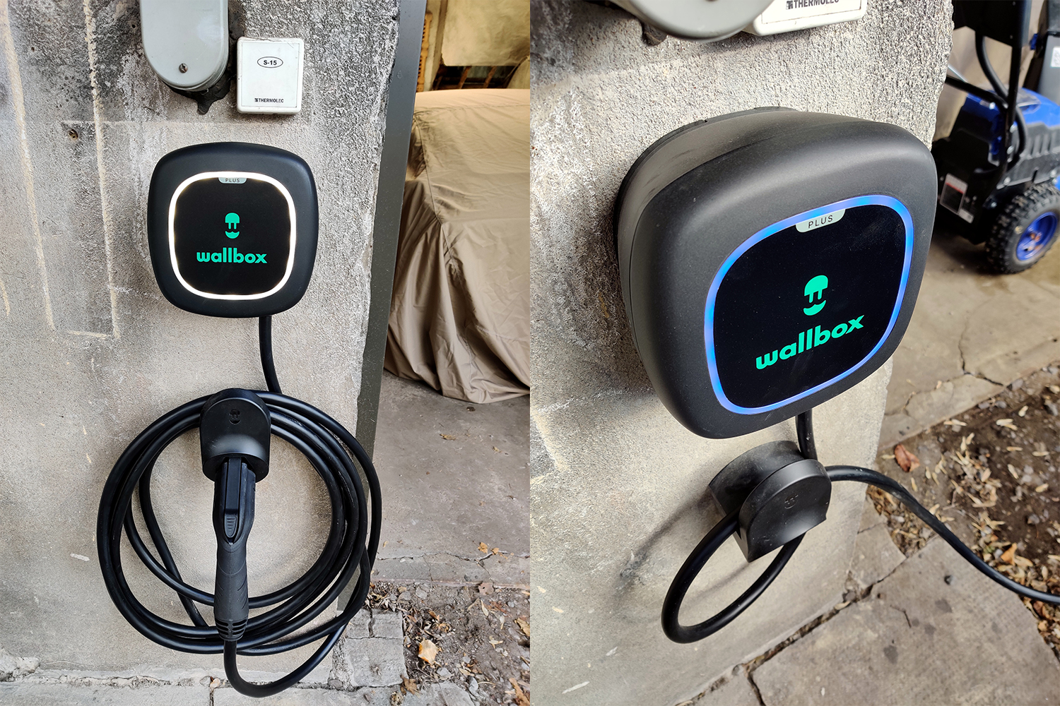 Close-up real photo of a modern wall-mounted hardwired EV charger in a home garage, clean professional installation with cable managed neatly