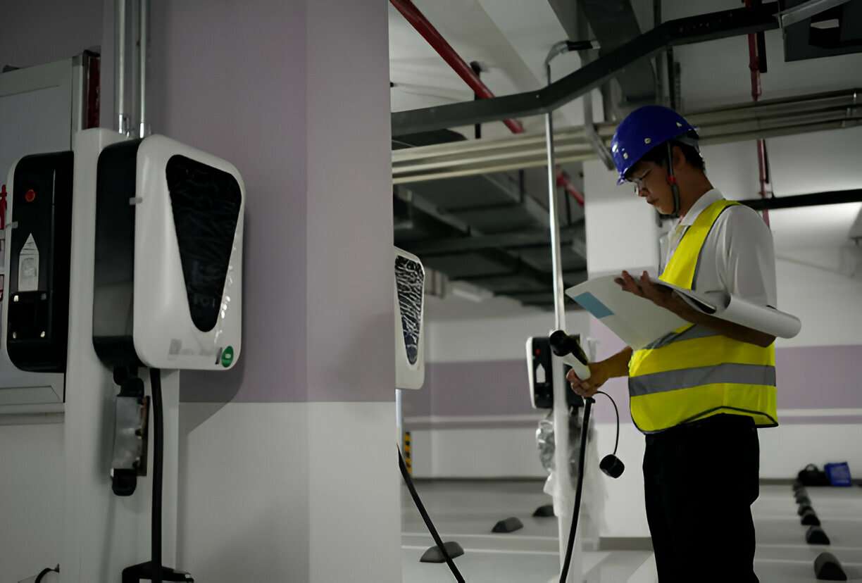 Professional electrician working on installing a Level 2 EV charger in a home, showing the real hands-on process that impacts residential EV charger installation costs