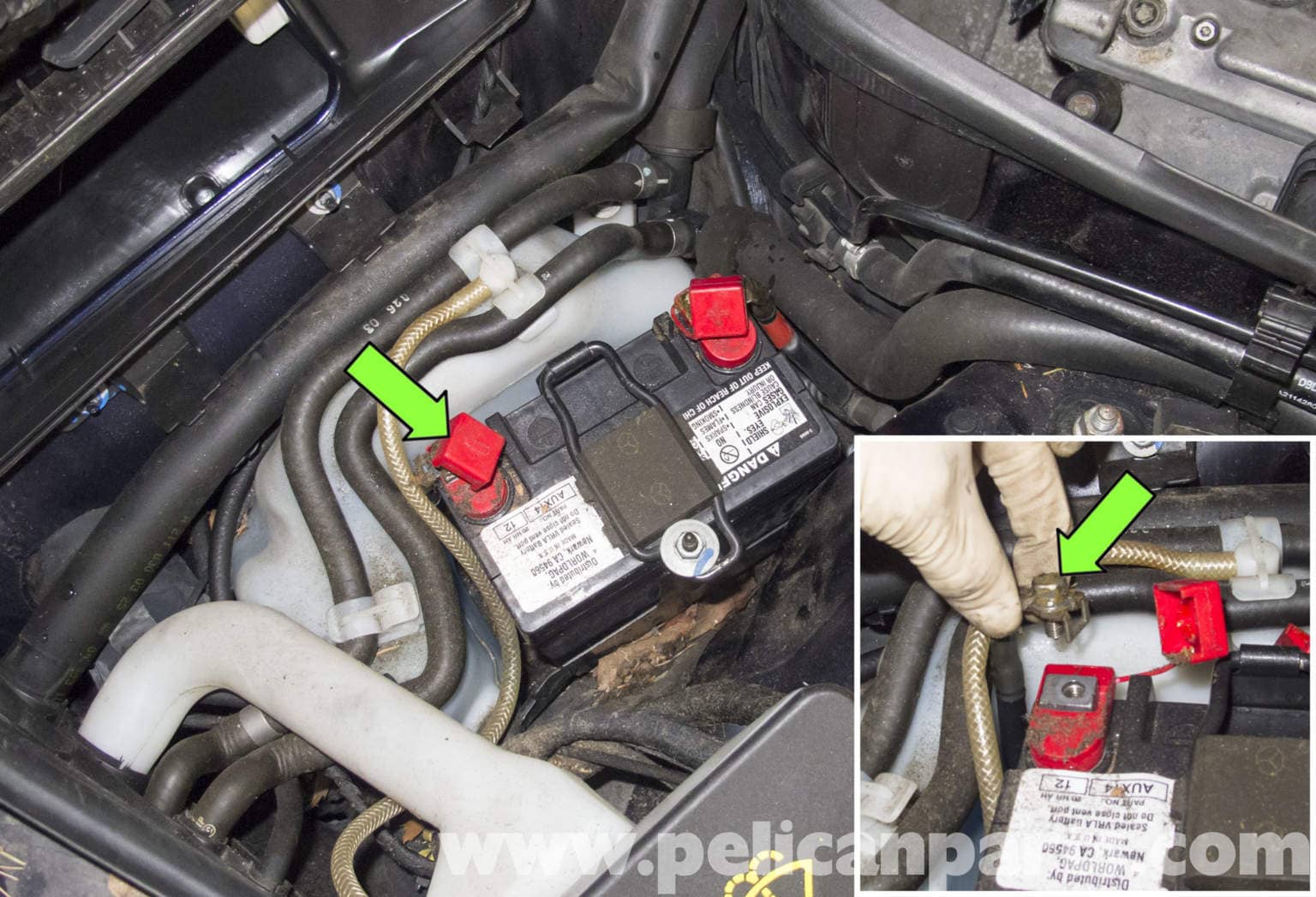 Hands working under the hood on vehicle fluid reservoirs and battery connections, representing the kind of coolant checks and replacements needed in electric car battery cooling systems