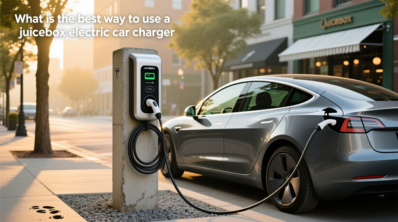 JuiceBox EV charger mounted outdoors charging a Tesla vehicle, showing J1772 cable in use for home charging comparison