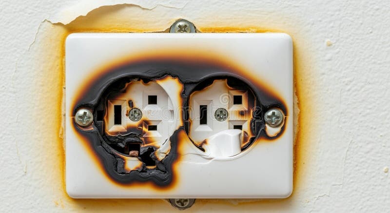 Close-up view of a burnt electrical outlet with scorch marks on the wall, demonstrating the serious fire risks that can come from improper electrical work like DIY EV charger installation
