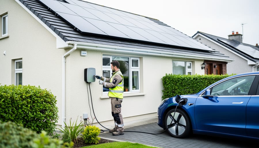 Person setting up home charging for a blue electric car in a residential driveway, everyday scene of EV ownership tied to long-term value including resale after 3 years