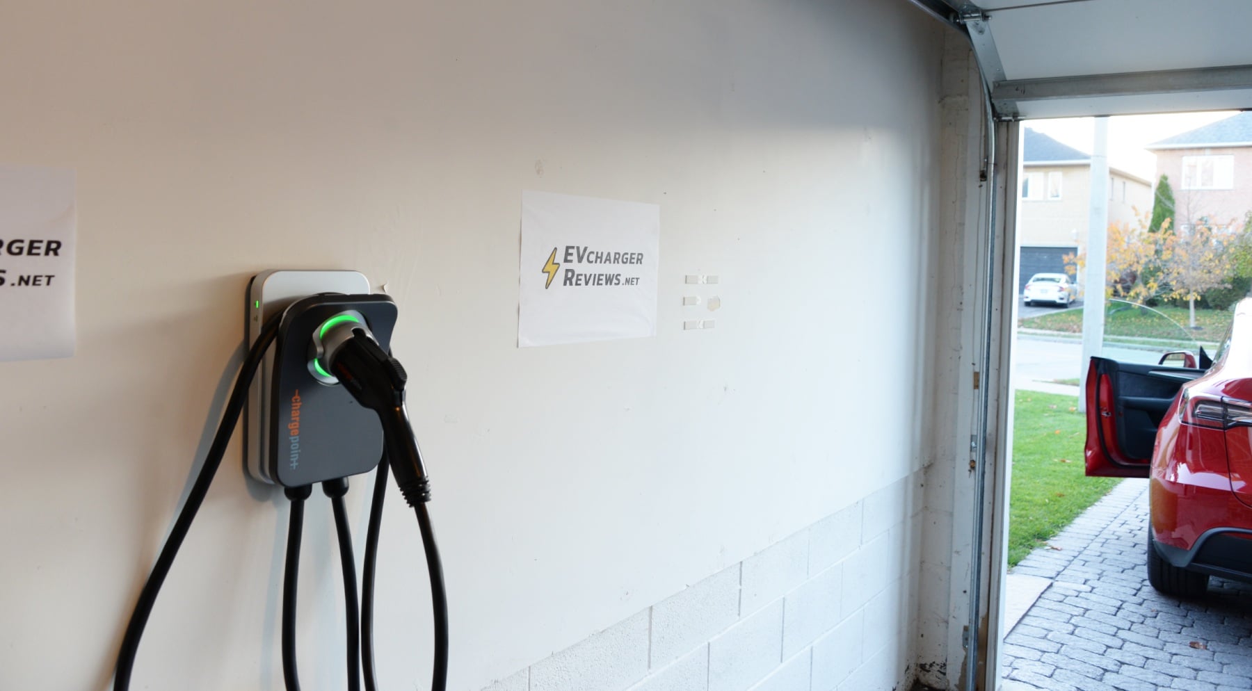 Wall-mounted Level 2 EV charger in a clean residential garage, cable ready, representing the most common choice for home EV charger installation cost in US homes