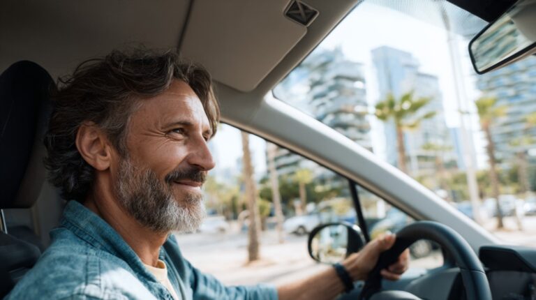Relaxed driver smiling behind the wheel of an electric car on a sunny road trip, imagining the freedom and longer range that solid-state batteries could deliver