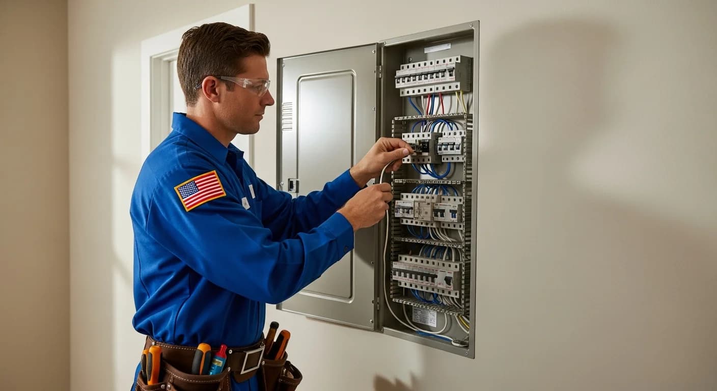 Electrician upgrading a home electrical panel with breakers and wiring, a common extra cost factor in many US home EV charger installations