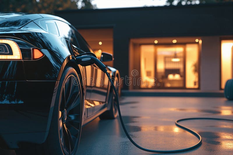 Black electric car charging in a home garage at dusk, showing the convenience of smart off-peak charging setup to cut power bill costs significantly