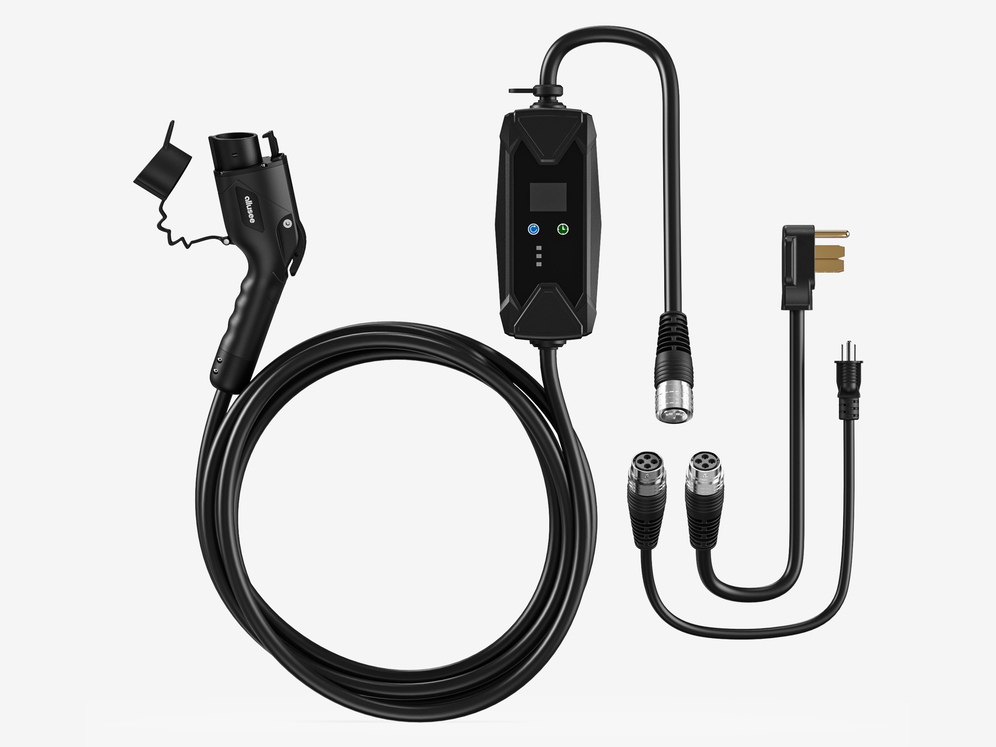 Portable level 2 EV charger with multiple plug adapters shown, including NEMA options, ready for different outlets on road trips and emergency charging situations