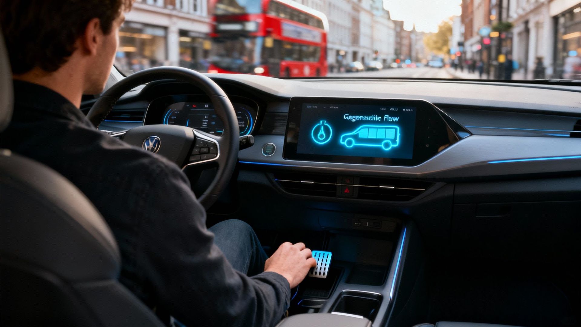 Driver navigating urban streets in an electric car with regenerative braking flow shown on screen, demonstrating practical one-pedal driving in city traffic for new EV owners
