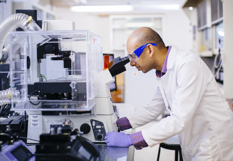 Focused engineer in safety gear examining advanced equipment in a real battery research laboratory, part of the ongoing effort to perfect solid-state battery technology