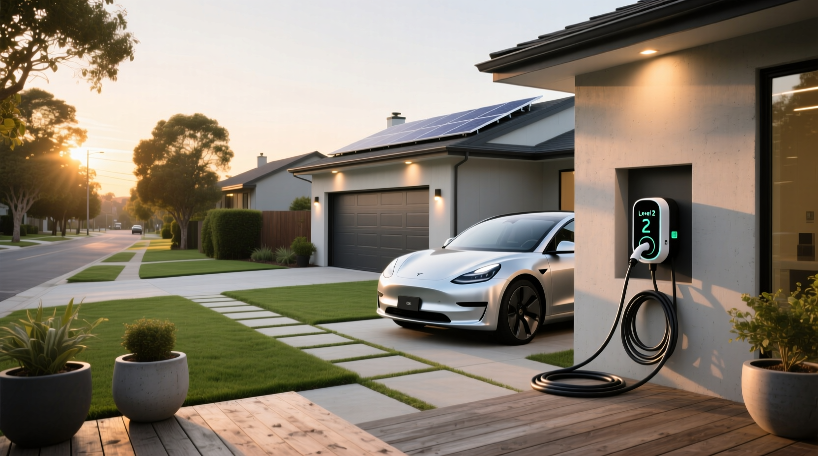 An electric car charging at a home wall charger in a modern driveway at sunset, a practical habit that helps slow EV battery degradation over time.