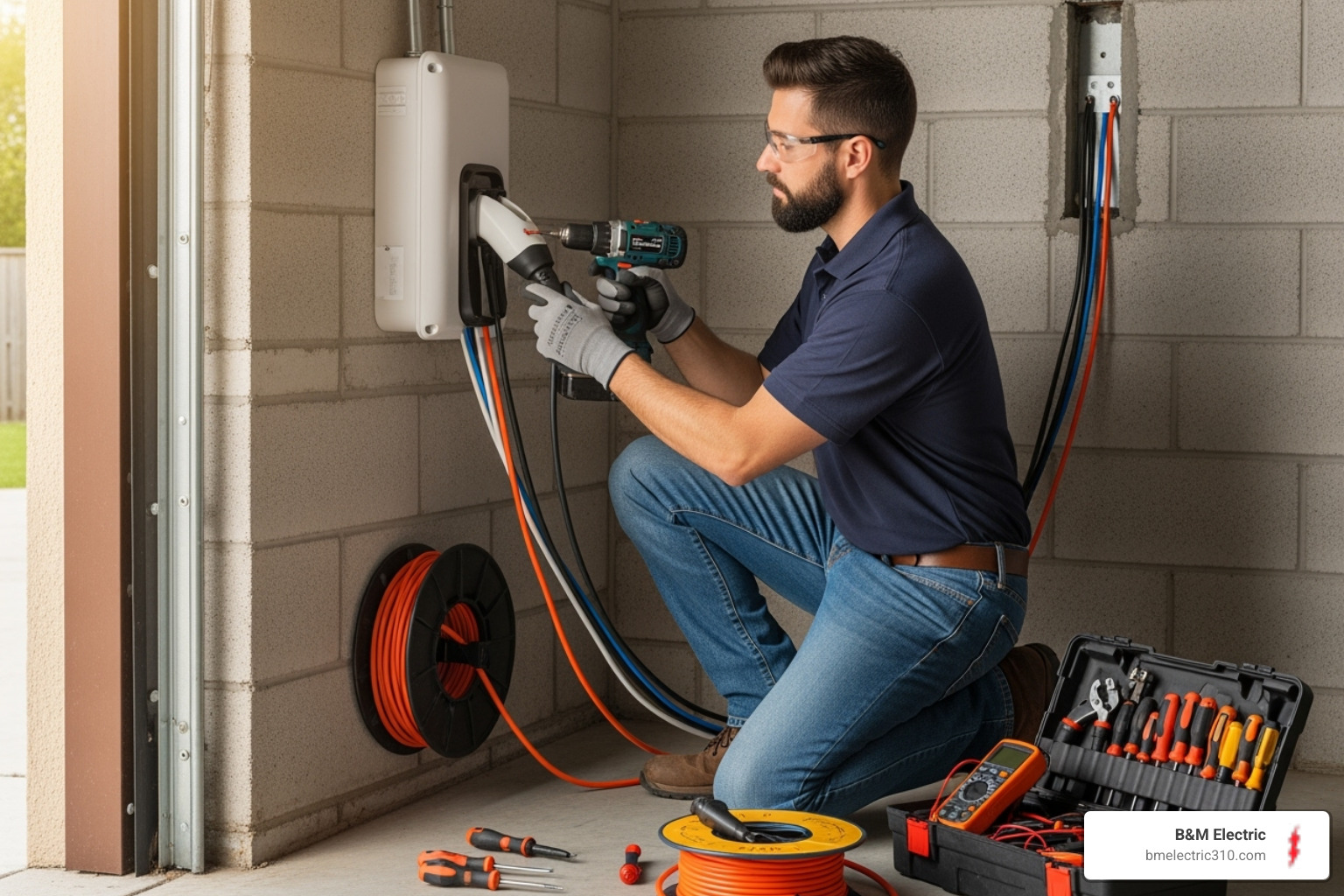 Professional electrician installing a hardwired EV charger in a home garage, kneeling with tools and wiring visible, realistic work scene with natural light