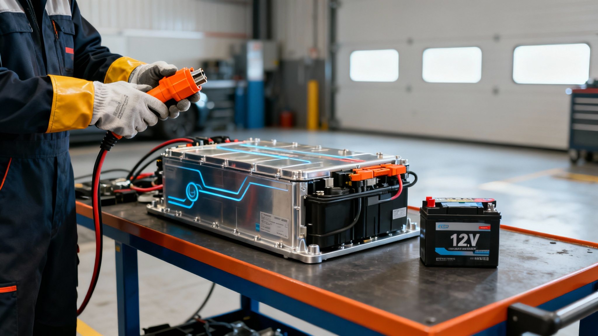 Technician in a workshop handling a large electric vehicle battery pack with tools and cables, realistic scene highlighting the high cost of battery replacement that affects EV insurance rates