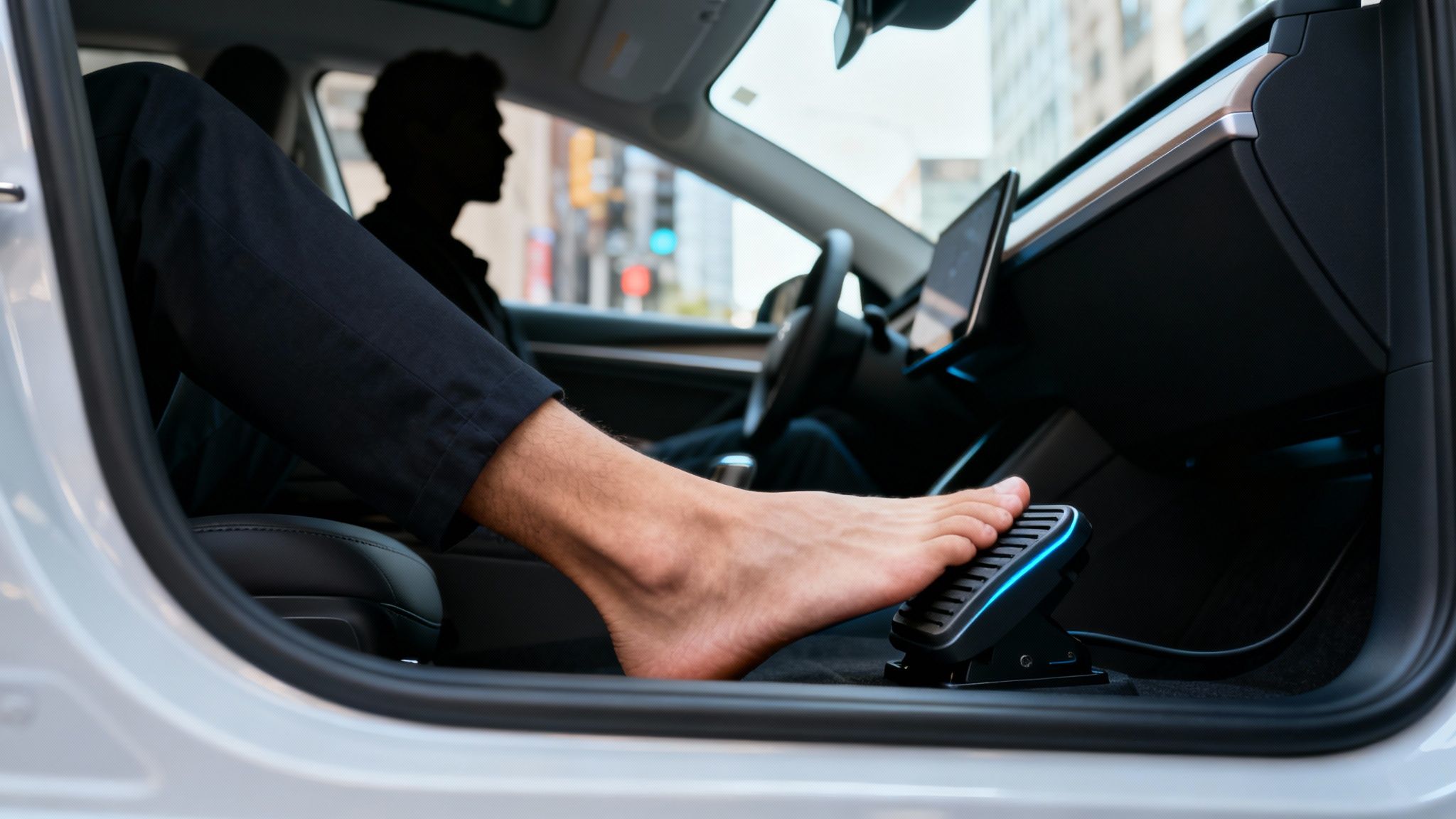 Close-up view inside an electric car showing a driver's foot on the accelerator pedal, central to mastering speed control and deceleration in one-pedal driving for beginners