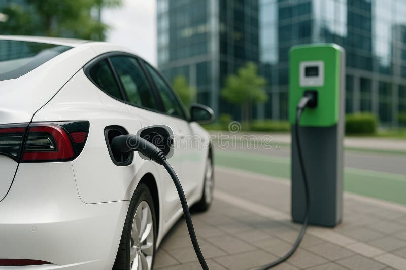 White electric car plugged in at a modern city charging station on a sunny day, hinting at the quicker charging future solid-state batteries could bring to EVs