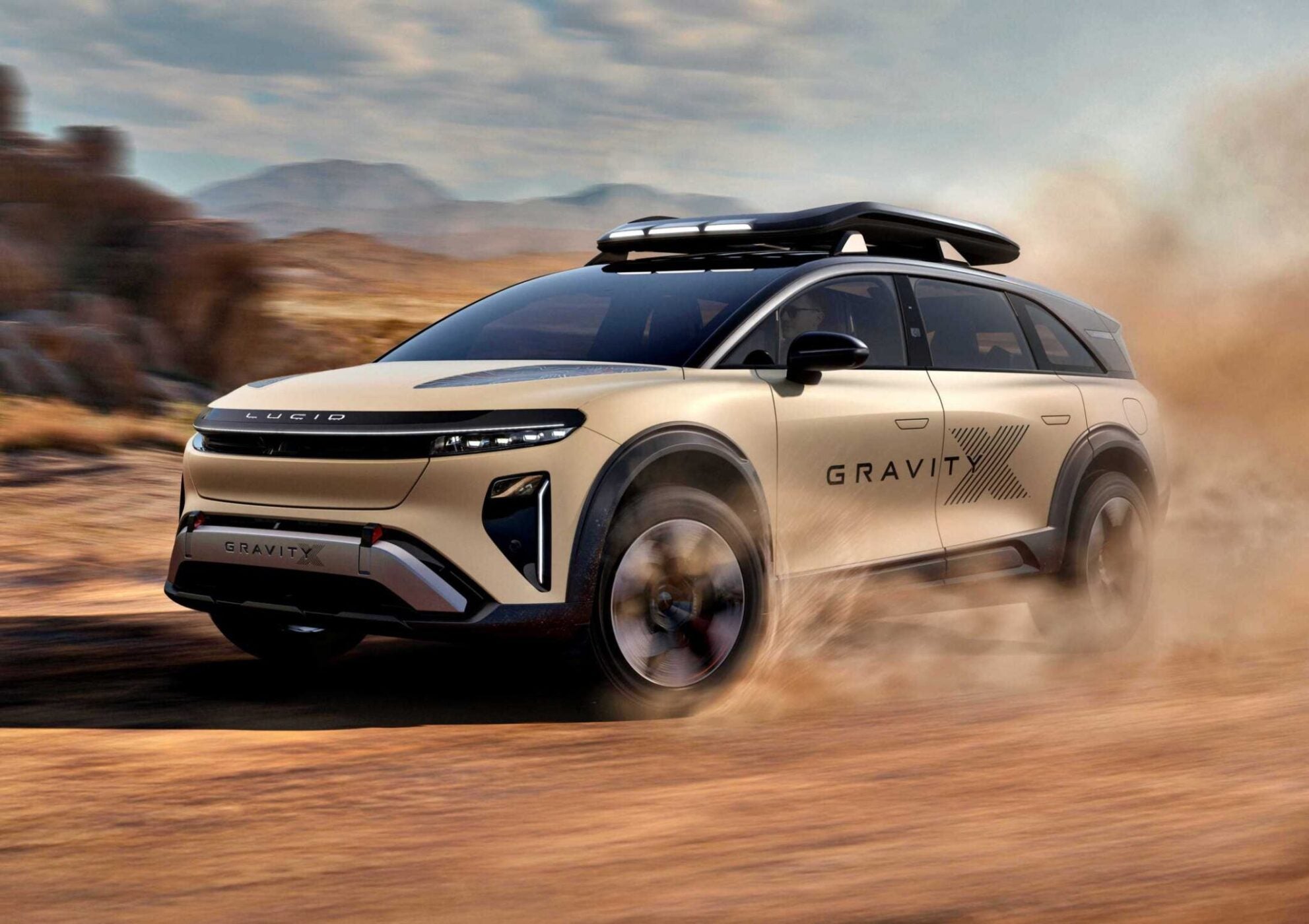 A rugged electric SUV kicks up sand in a desert landscape under partly cloudy skies, driver visible, embodying the adventurous spirit of new off-road electric cars launching in 2027