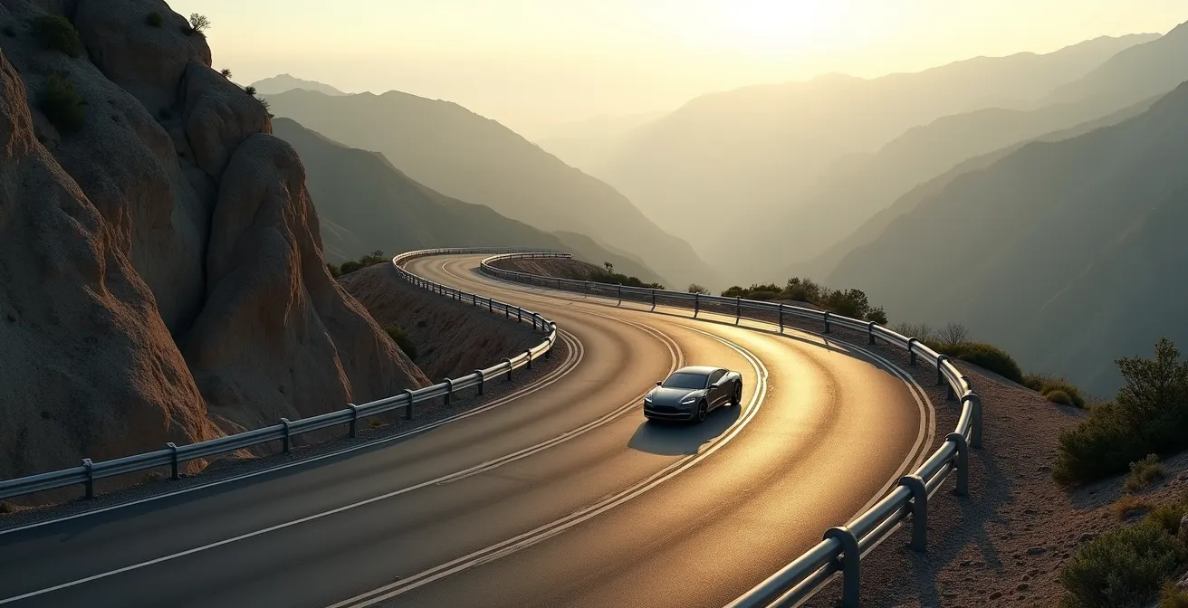 Electric car descending a winding mountain road at sunset, capturing strong regenerative braking and energy recovery in one-pedal driving on downhill routes
