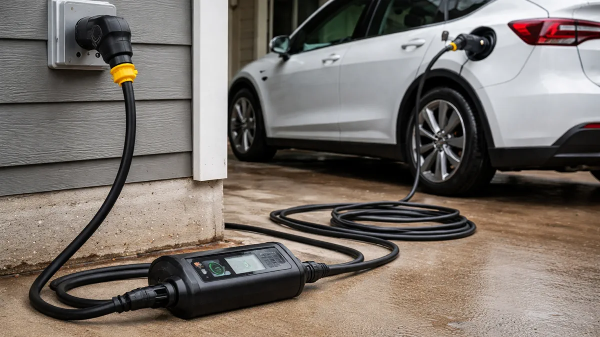 Real photo of a portable plug-in Level 2 EV charger with its cord plugged into a wall outlet, unit sitting on the ground in a residential driveway, electric car connected and charging