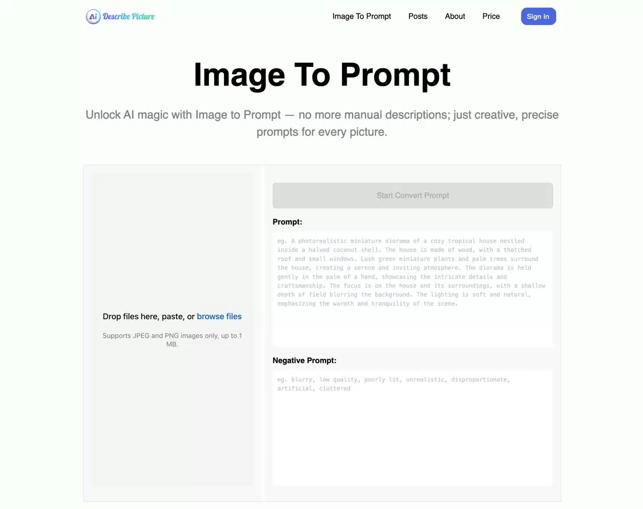 Image To Prompt: Use AI to recognize images, upload them to quickly generate prompts. Image To Prompt: Use AI to recognize images, upload them to quickly generate prompts.